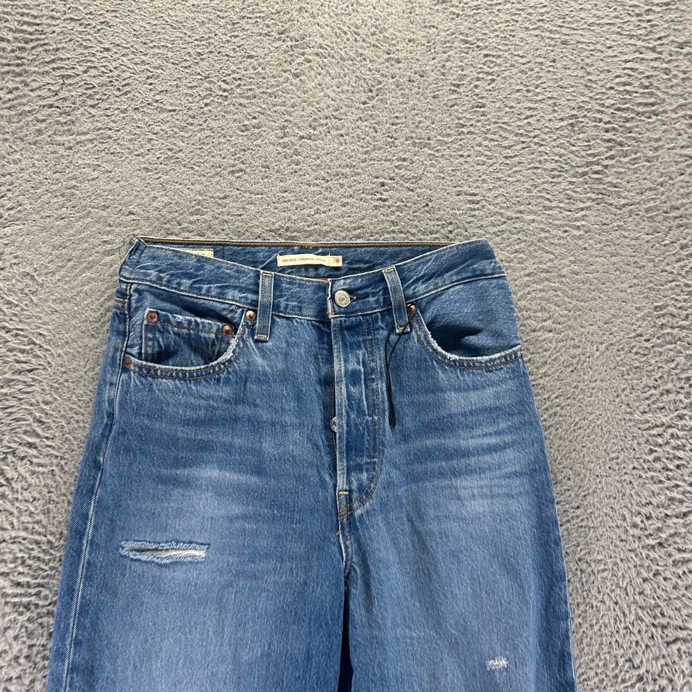 Levi's Ribcage Jeans Womens 28x29 Blue Denim Straight Leg Ankle Faded Distressed - Picture 2 of 12